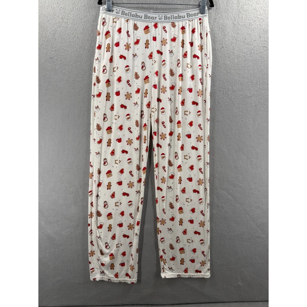 Bellabu Bear Pajama Pants Womens M White Christmas Gingerbread Snowman Soft
